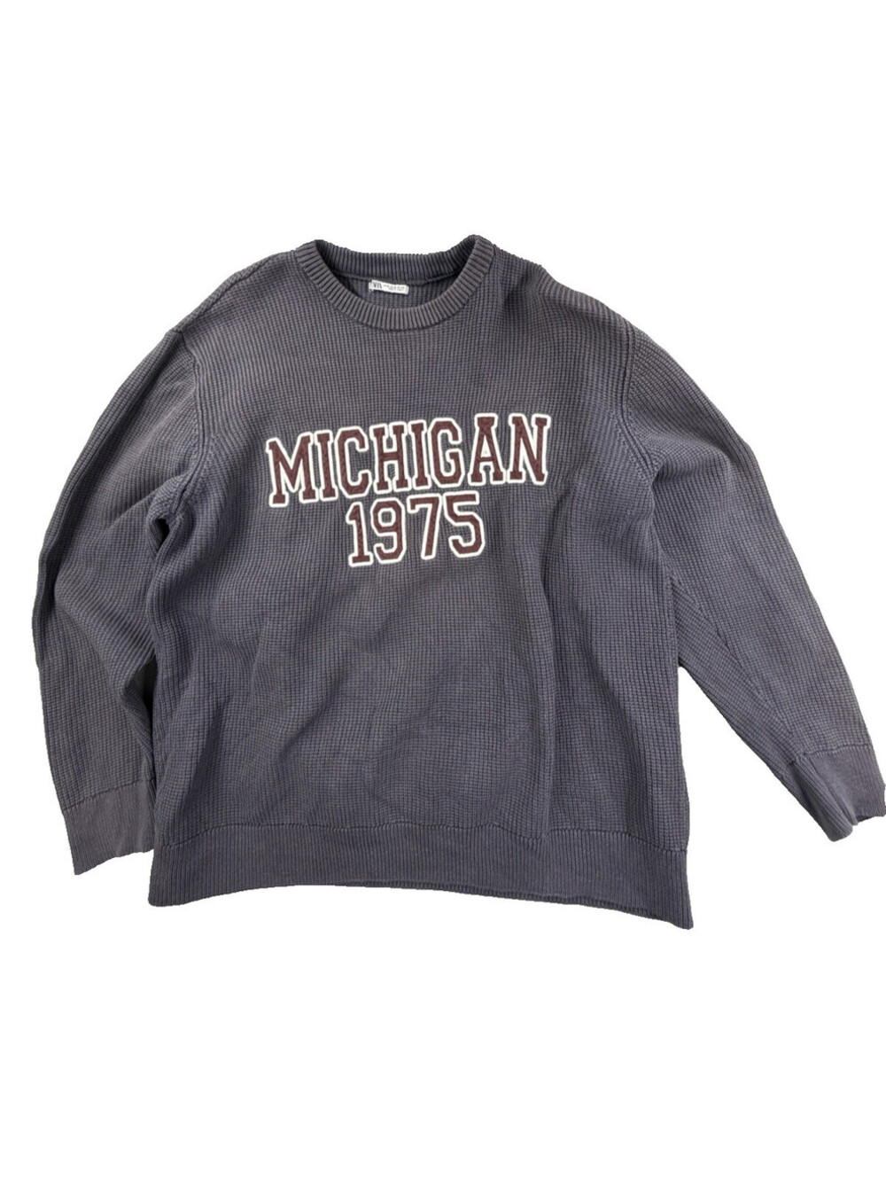 Zara‎ Man Waffle Knit Sweater Michigan 1975 Gray Distressed Varsity Crewneck XL